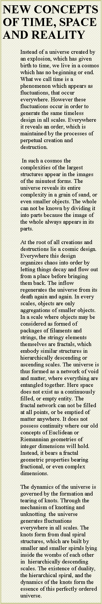 Text Box: NEW CONCEPTS OF TIME, SPACE AND REALITY
Instead of a universe created by an explosion, which has given birth to time, we live in a cosmos which has no beginning or end. What we call time is a phenomenon which appears as  fluctuations, that occur everywhere. However these fluctuations occur in order to generate the same timeless design in all scales. Everywhere it reveals an order, which is maintained by the processes of perpetual creation and destruction. 
 In such a cosmos the complexities of the largest structures appear in the images of the minutest forms. The universe reveals its entire complexity in a grain of sand, or even smaller objects. The whole can not be known by dividing it into parts because the image of the whole always appears in its parts.
At the root of all creations and destructions lie a cosmic design. Everywhere this design organizes chaos into order by letting things decay and flow out from a place before bringing them back. The inflow regenerates the universe from its death again and again. In every scales, objects are only aggregations of smaller objects. In a scale where objects may be considered as formed of packages of filaments and strings, the stringy elements themselves are fractals, which embody similar structures in hierarchically descending or ascending scales. The universe is thus formed as a network of void and matter, where everything are entangled together. Here space does not exist as a continuously filled, or empty entity. The fractal network can not be filled at all points, or be emptied of matter anywhere. It does not possess continuity where our old concepts of Euclidean or Riemannian geometries of integer dimensions will hold. Instead, it bears a fractal geometric properties bearing fractional, or even complex dimensions. 
The dynamics of the universe is governed by the formation and tearing of knots. Through the mechanism of knotting and unknotting  the universe generates fluctuations everywhere in all scales. The knots form from dual spiral structures, which are built by smaller and smaller spirals lying inside the wombs of each other in  hierarchically descending scales. The existence of duality, the hierarchical spiral, and the dynamics of the knots form the essence of this perfectly ordered universe.